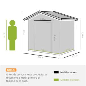 Caseta de Jardín de 4,1 m² 236x174x190 cm Cobertizo Exterior para Almacenar Herramientas con Puertas Correderas y 4 Ventanas para Terraza Patio Gris