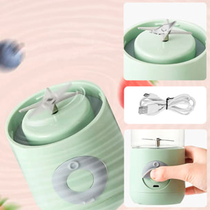 Mini frullatore elettrico XHJ-118. Design portatile e ricaricabile con 6 lame in acciaio, 18000 rpm e capacità di 500 ml.