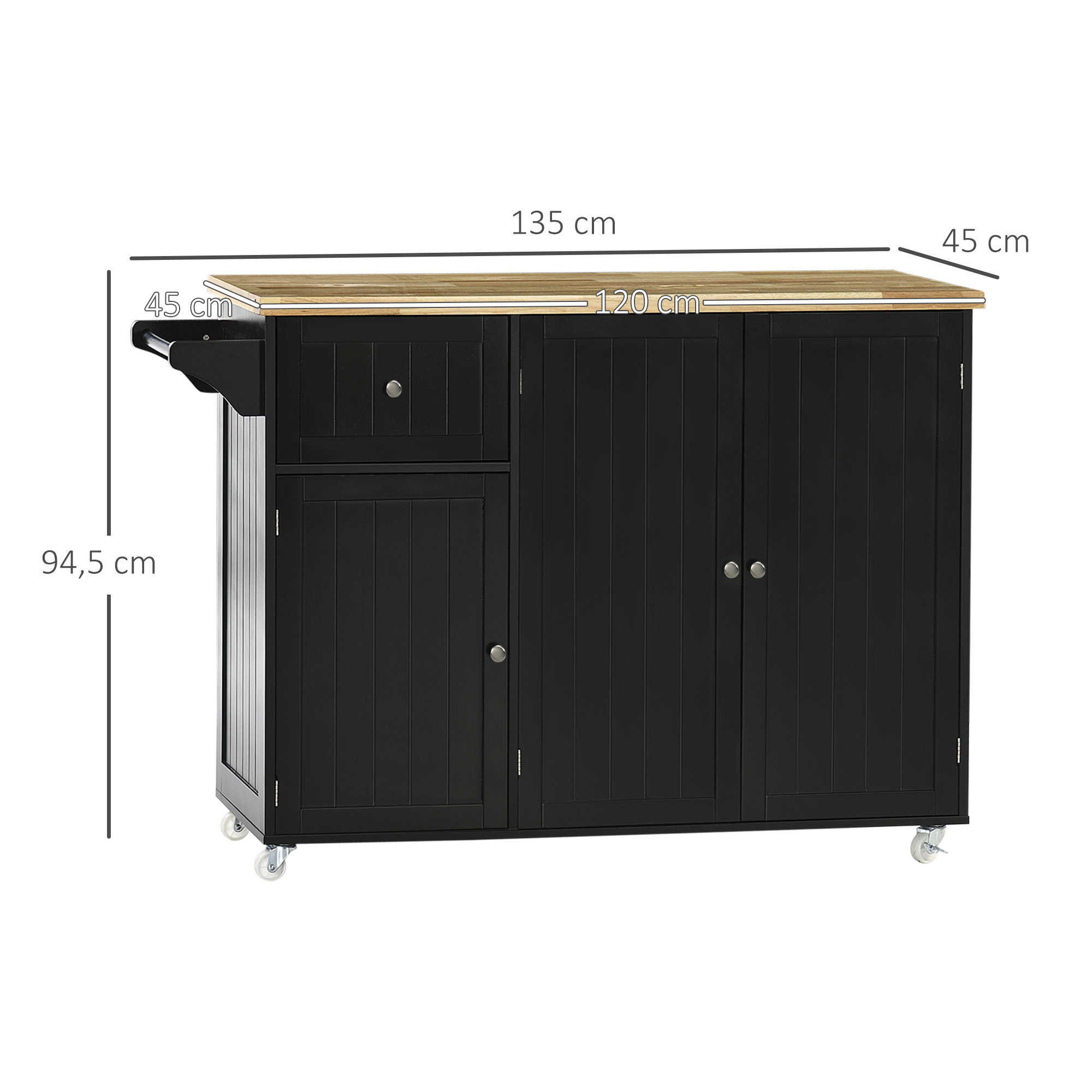 Isla de Cocina con Ruedas Carro de Cocina con Cajón 3 Puertas Estantes Ajustables y Toallero Mueble Auxiliar de Cocina para Comedor 135x45x94,5 cm Negro