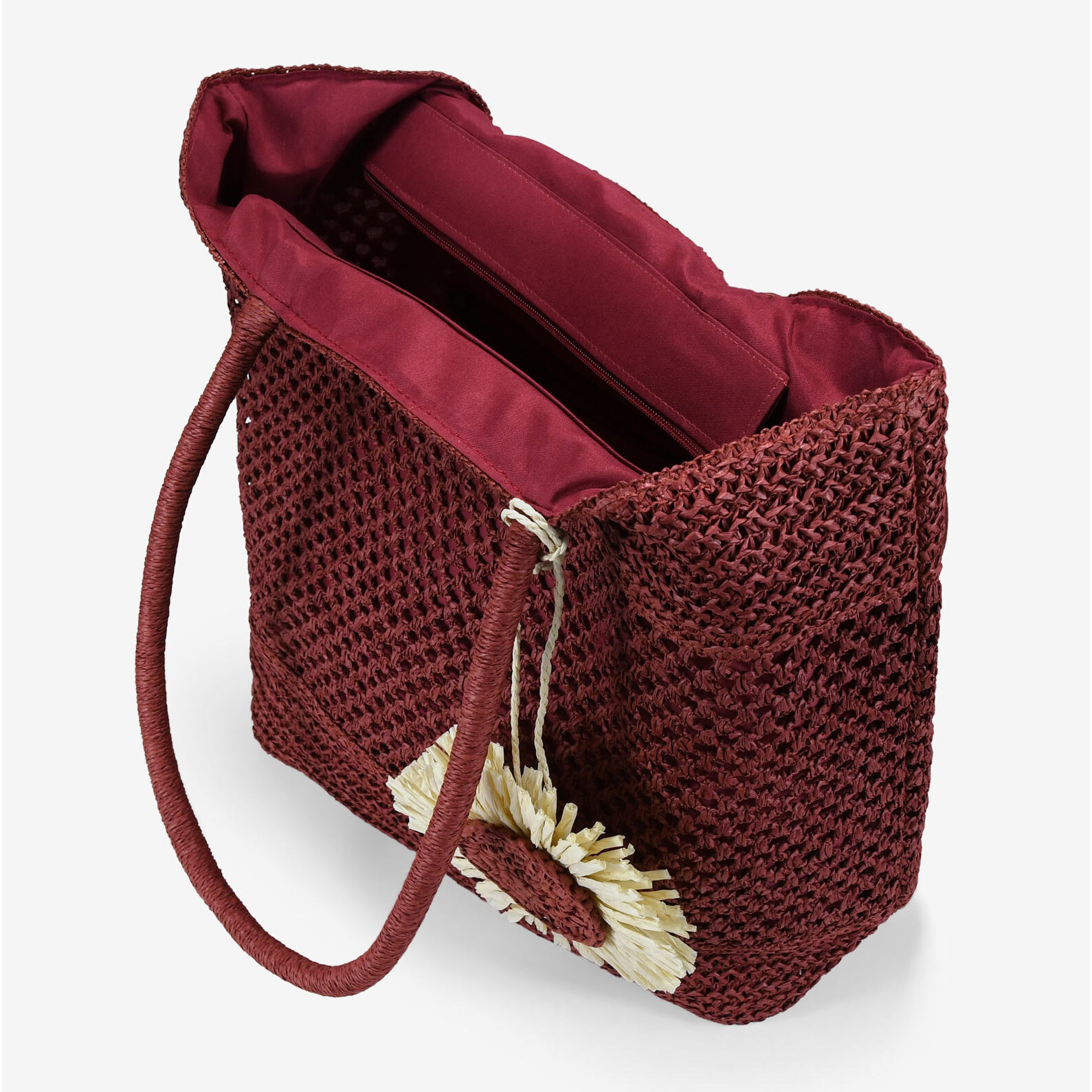 Bolso de hombro burdeos en rafia con malla