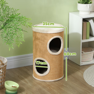 Arbre à chat cylindrique - tour à griffer pour chat - tonneau griffoir - 2 niches + plateforme - sisal peluche beige