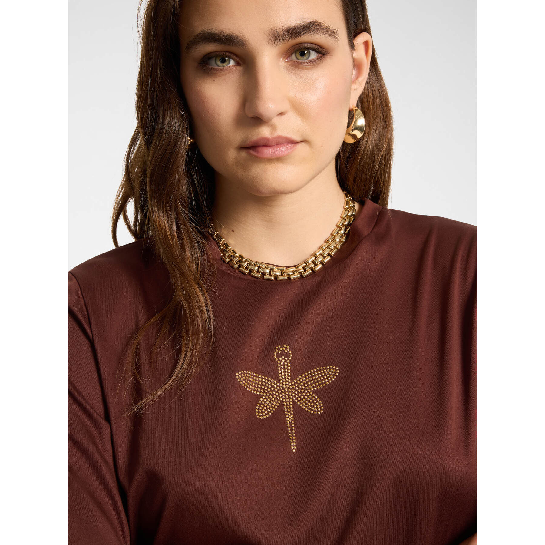 Elena Mirò - T-shirt in cotone con applicazione libellula - Marrone
