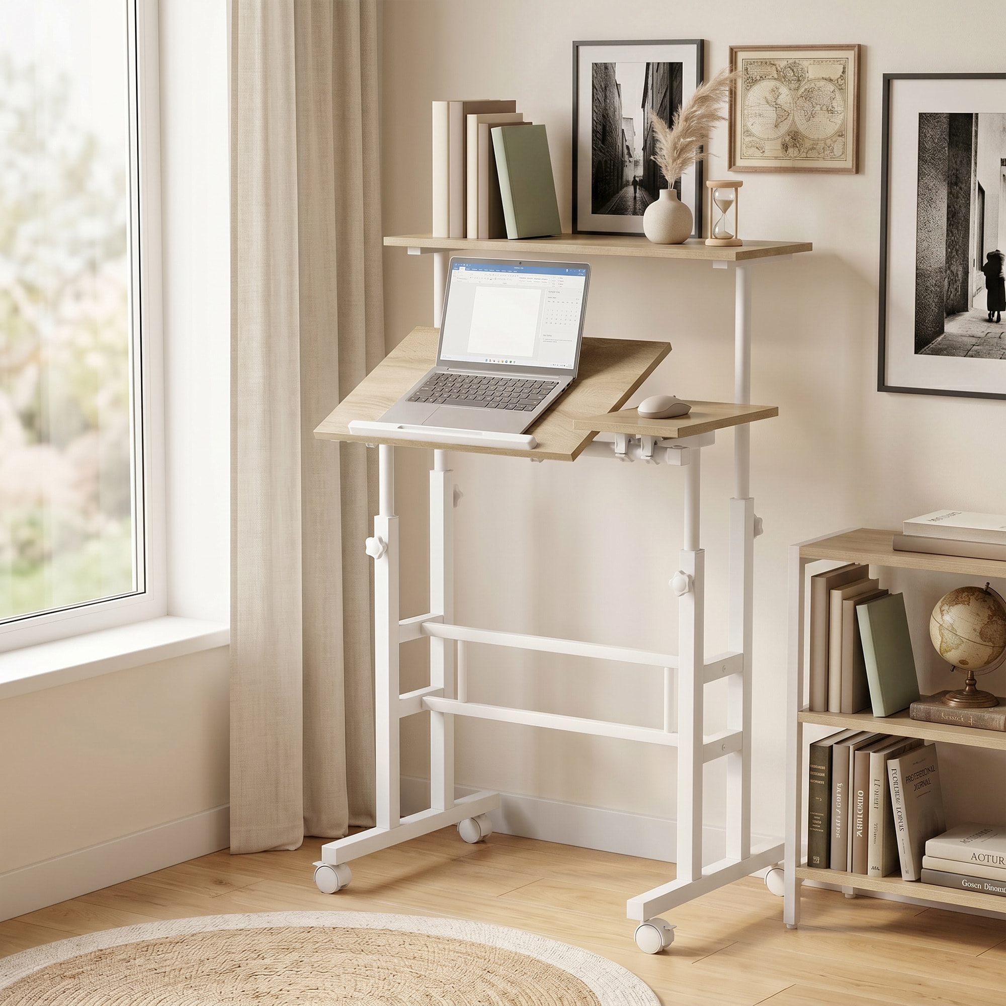 Bureau assis debout inclinable réglable H.70,5-120 cm mobile 3 plateaux métal blanc effet bois clair