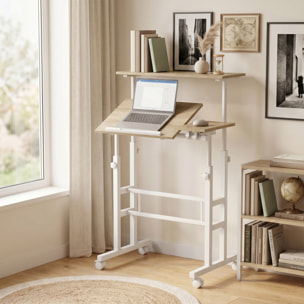 Bureau assis debout inclinable réglable H.70,5-120 cm mobile 3 plateaux métal blanc effet bois clair
