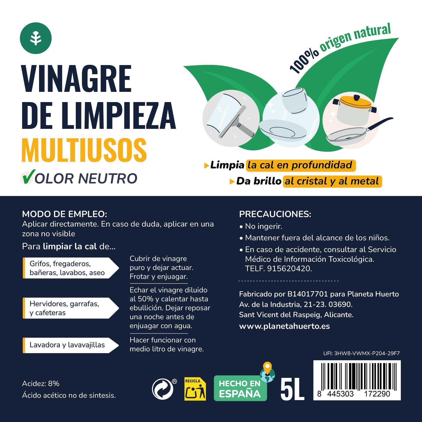 PLANETA HUERTO | Pack 3x Vinagre Blanco de Limpieza 5L - Multiusos Ecológico para Eliminar Cal, Abrillantar y Limpieza Eficiente en el Hogar