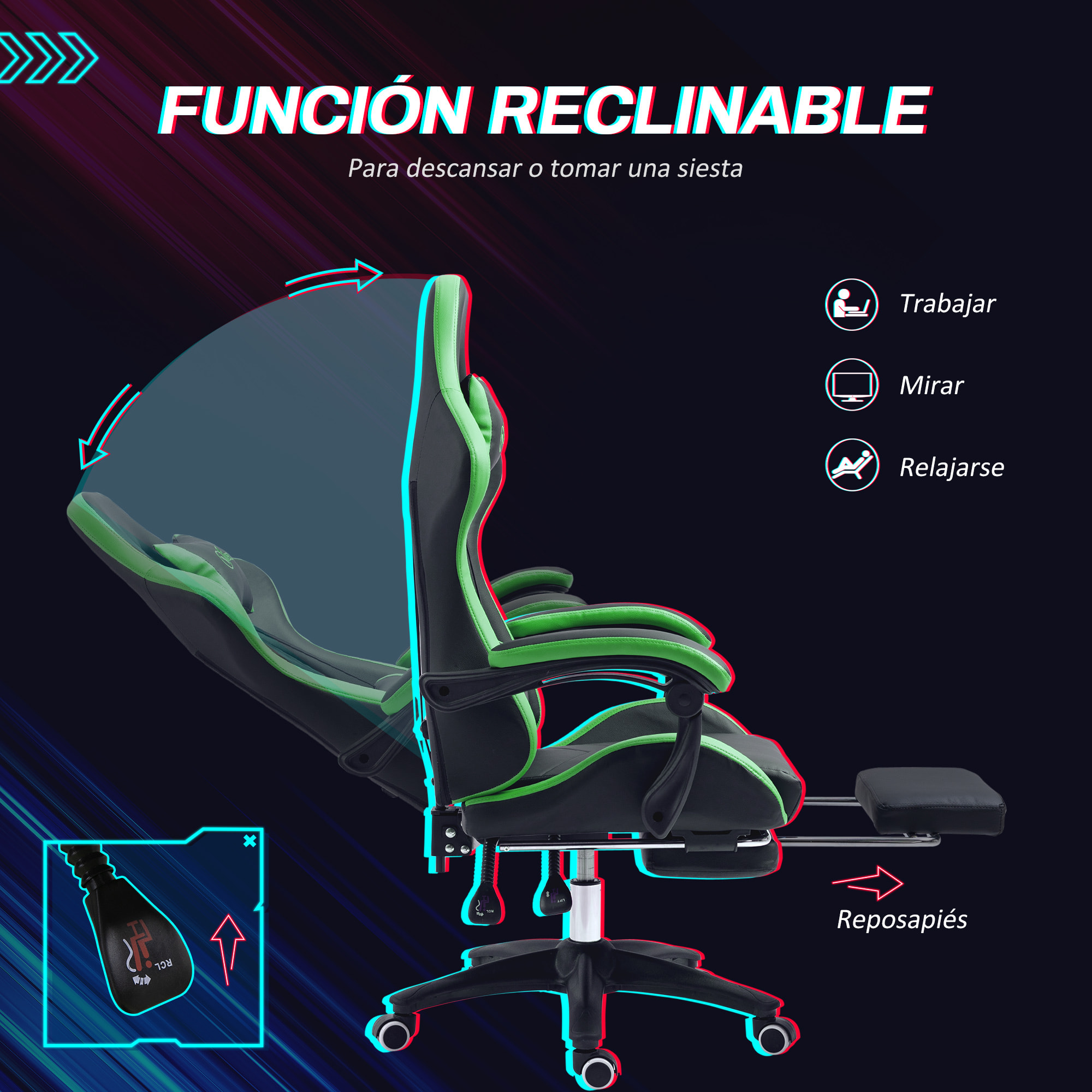 Silla Gaming Ergonómica Reclinable 135°, Silla Gamer Racing de Cuero PU con Soporte Lumbar, Altura Ajustable, Reposacabezas y Reposapiés Retráctil, para Oficina, Estudio, Negro y Verde