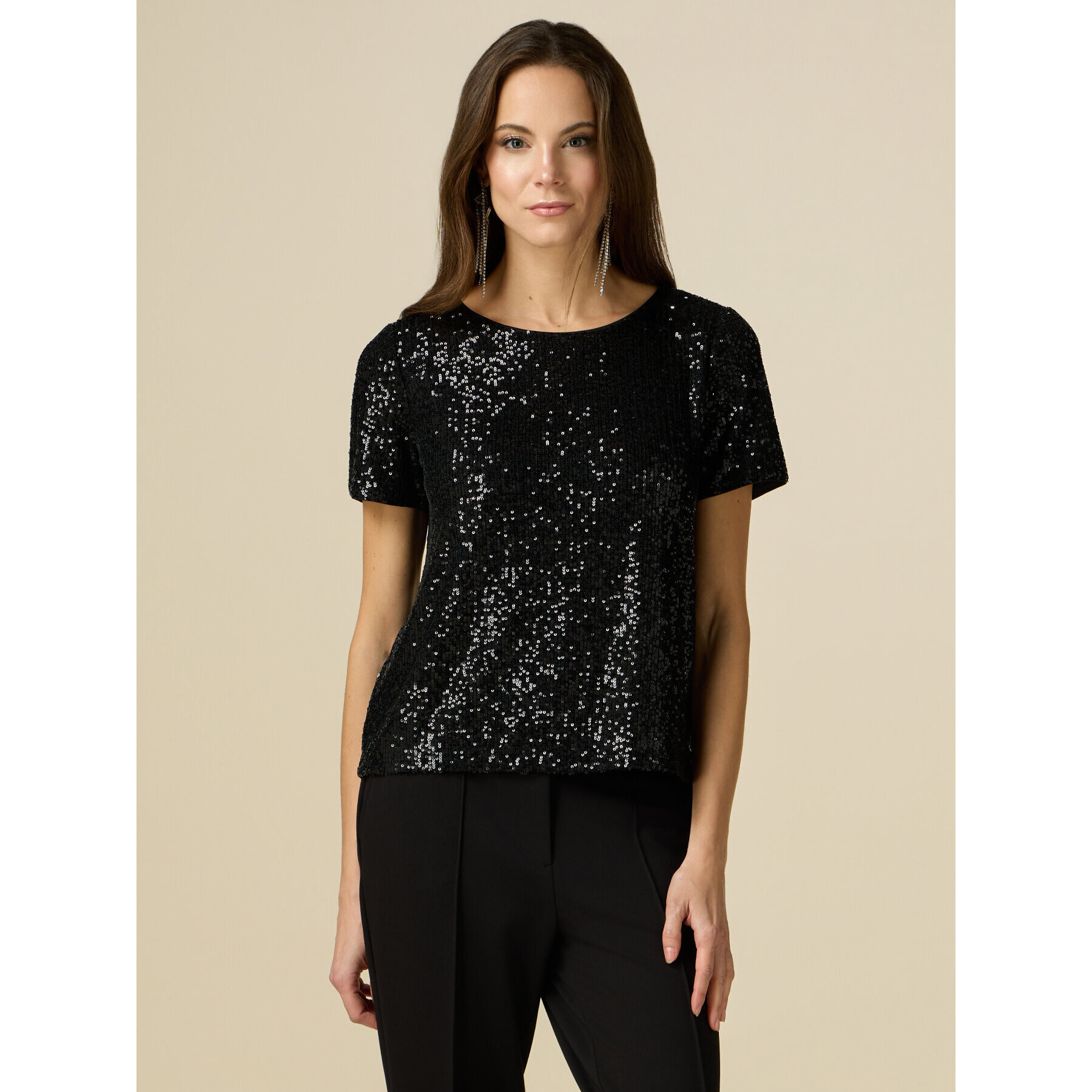 Oltre - Blusa maniche corte in paillettes - Nero