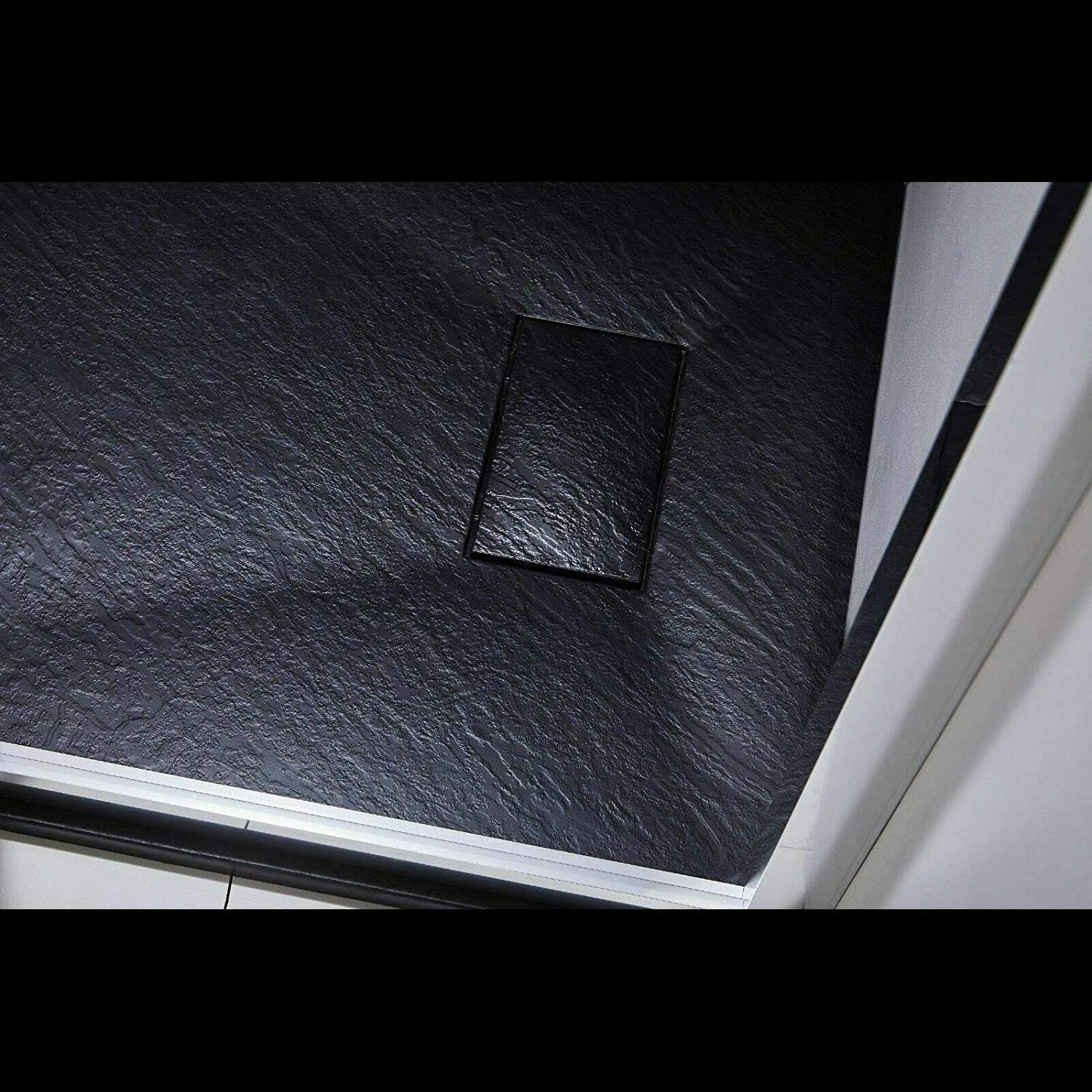 Piatto Doccia Spessore 2.6 Cm Resina SMC Effetto Pietra Stone Ardesia Antiscivolo Riducibile Filopavimento Con Griglia Di Copertura Nero 90x120 Cm