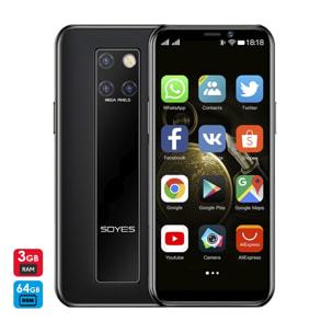 DAM Smartphone  Mini S10-H 4G, Android 9.0, 3GB RAM + 64GB. Schermo 3,46''. Doppia SIM 4,5x1x10,2 cm. Colore nero