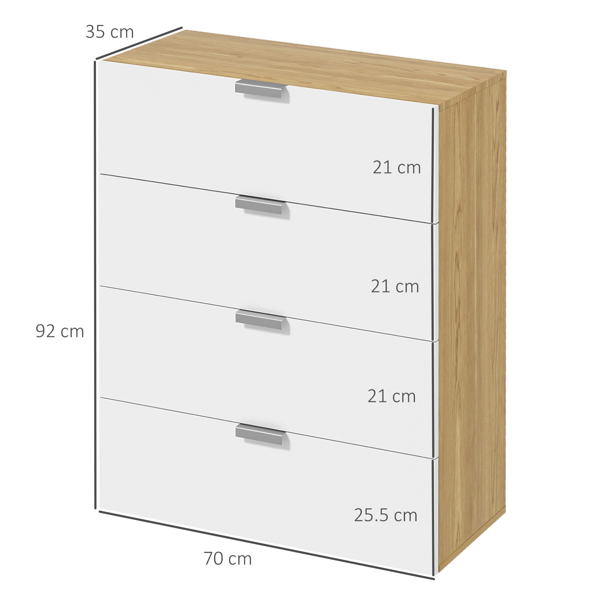 Cómoda con 4 Cajones de Alto Brillo Cajonera de Madera para Dormitorio Salón Oficina Estilo Moderno 70x35x92 cm Blanco y Natural