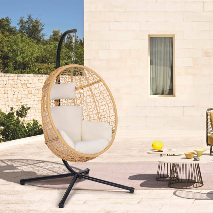 Fauteuil œuf suspendu effet rotin avec coussin beige