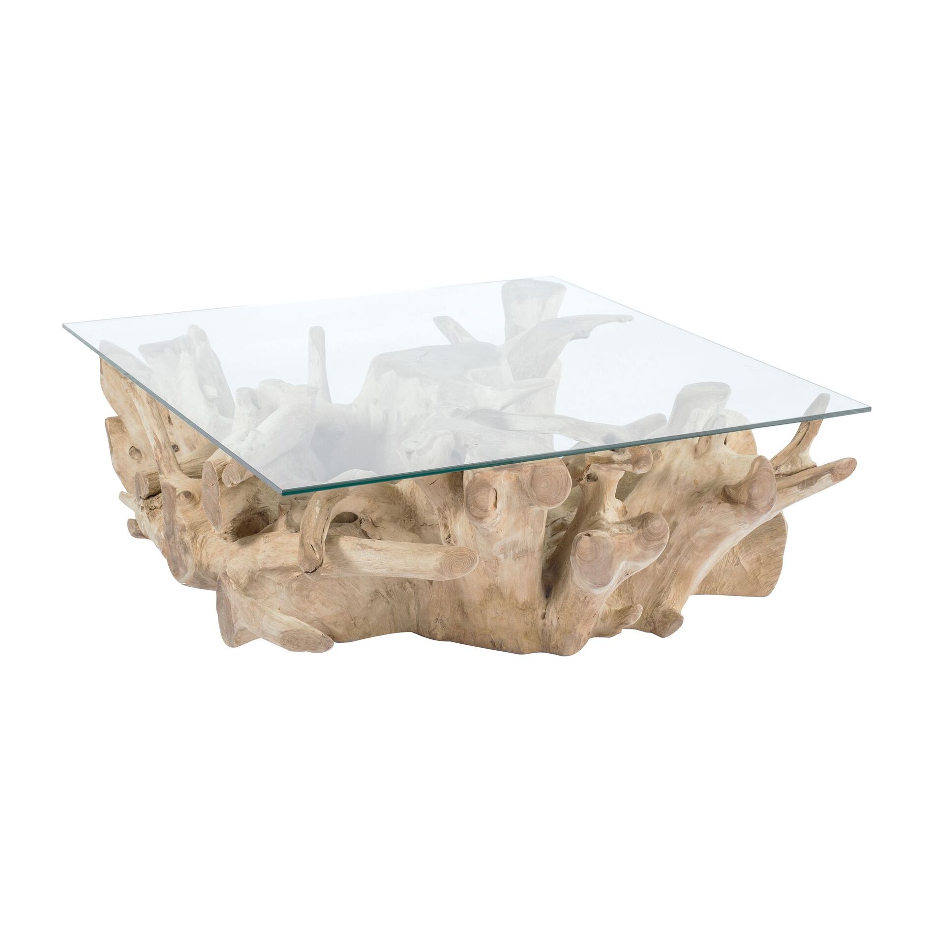 TABLE BASSE EN  RACINE DE TECK MASSIF/PLATEAU VERRE110X110XH40SARANNAH