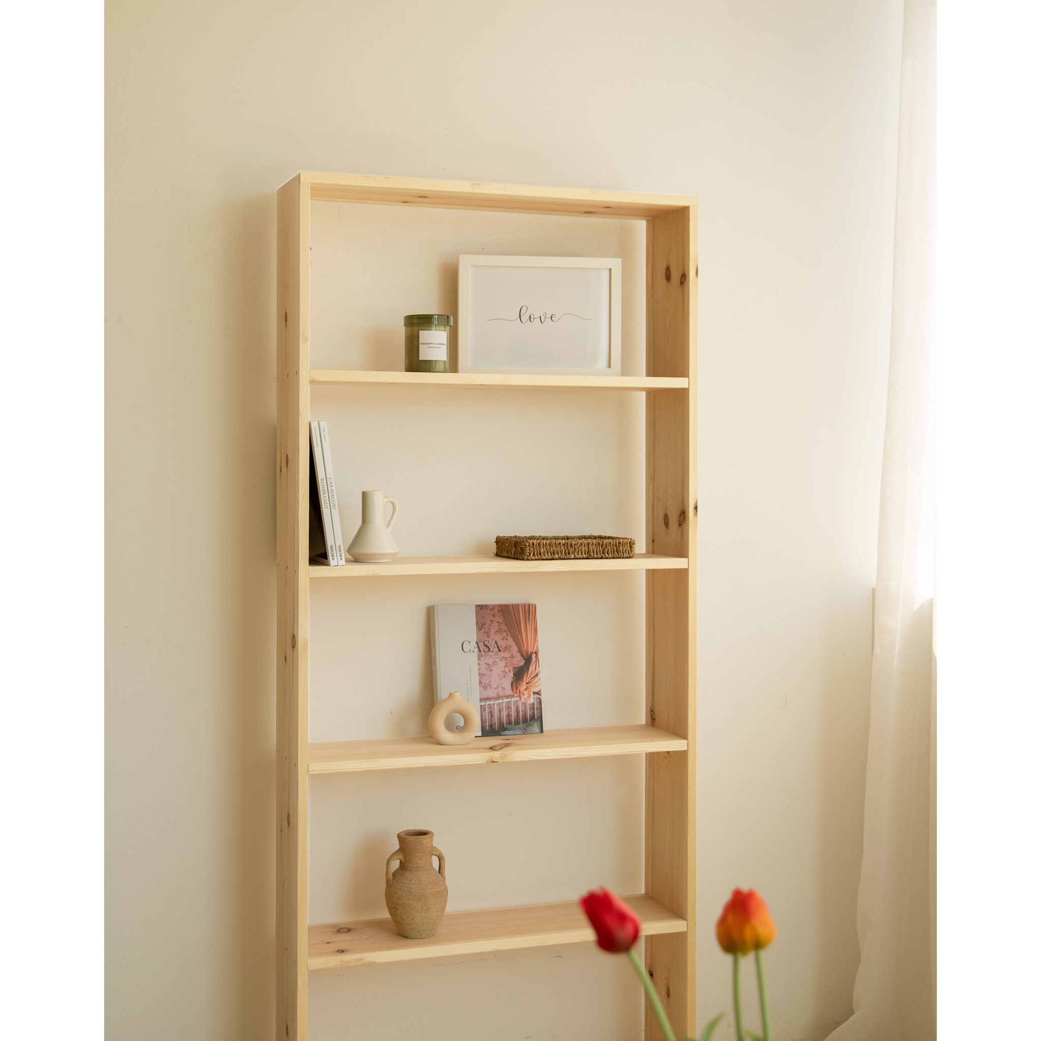 Estantería de madera maciza tono natural con 4 estantes Alto: 182 Largo: 80 Ancho: 20