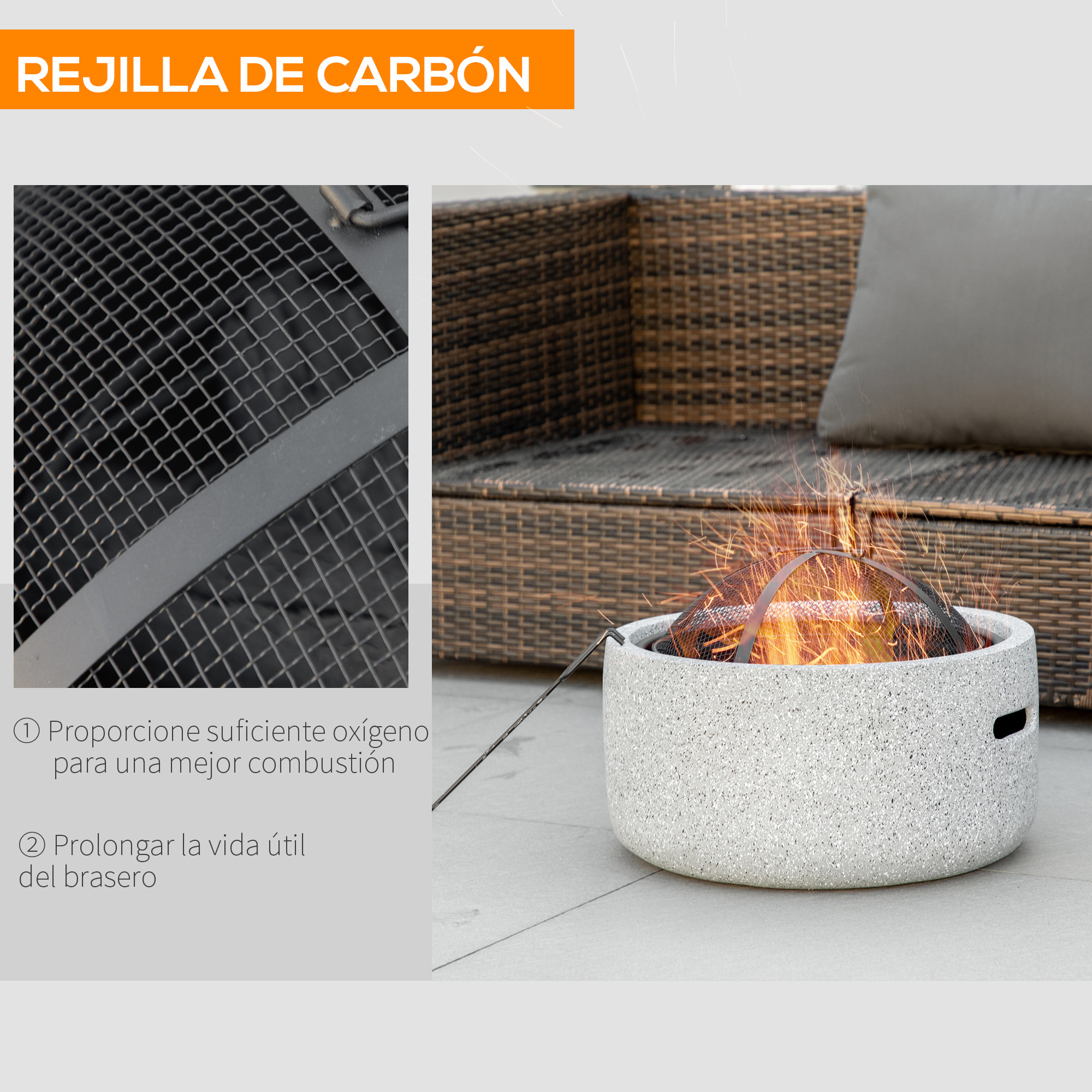 Brasero Exterior Redondo Brasero Exterior Jardín con Atizador Protector de Chispas Rejilla y Manija Ø45x34 cm para Terraza Camping Fiesta Gris