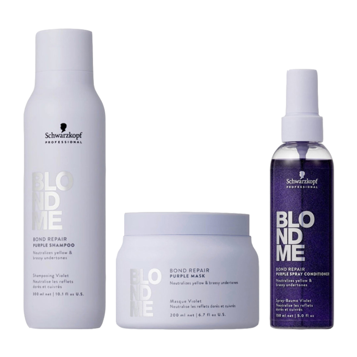 SCHWARZKOPF Kit BlondMe Bond Repair Purple Shampoo 300ml + Mask 200ml + Spray Conditioner 150ml