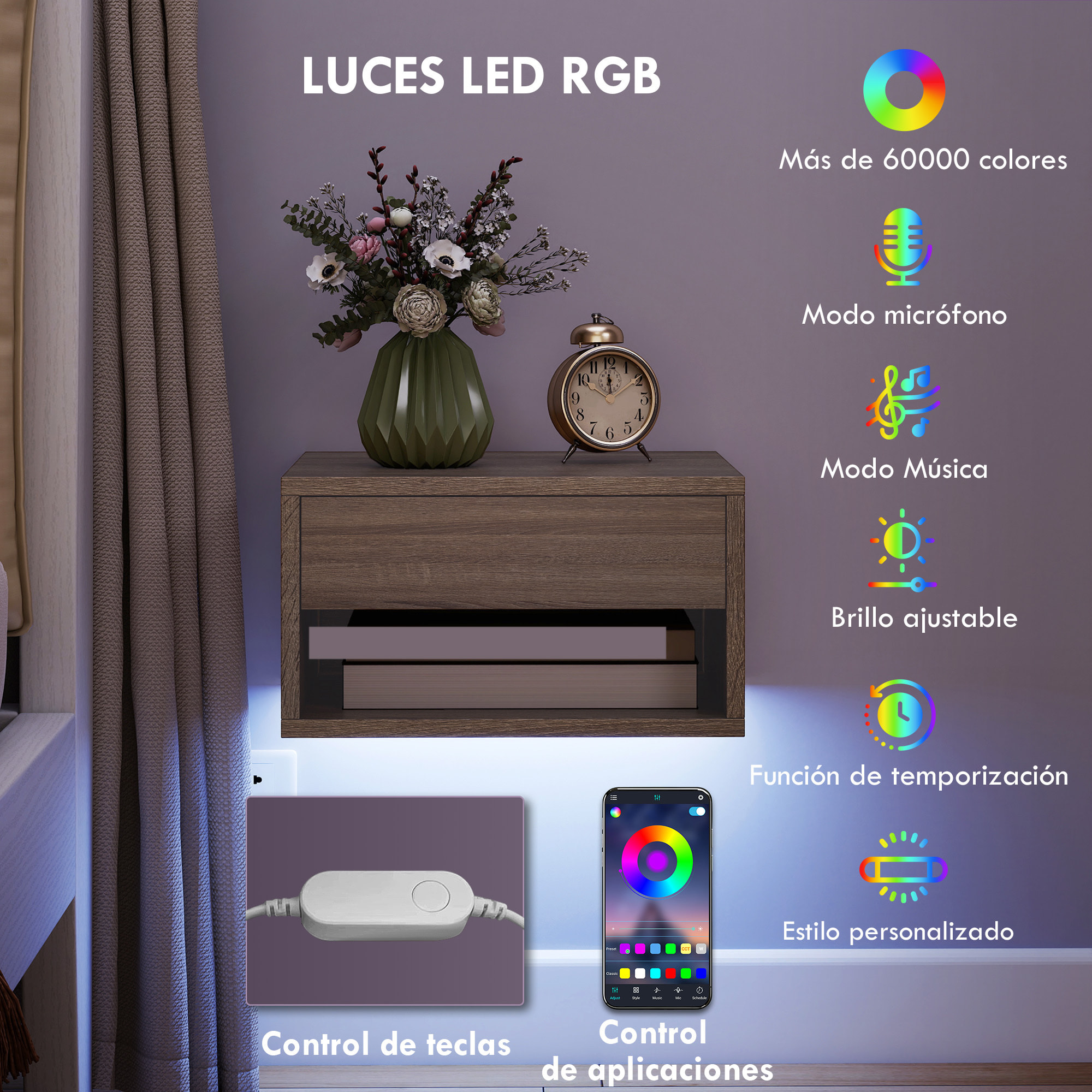 Juego de 2 Mesitas de Noche Flotantes con Luces LED RGB Control de APP, Mesillas de Noche Dormitorio con Cajón, Estante Abierto, para Sala de Estar, 37x32x21 cm, Natural