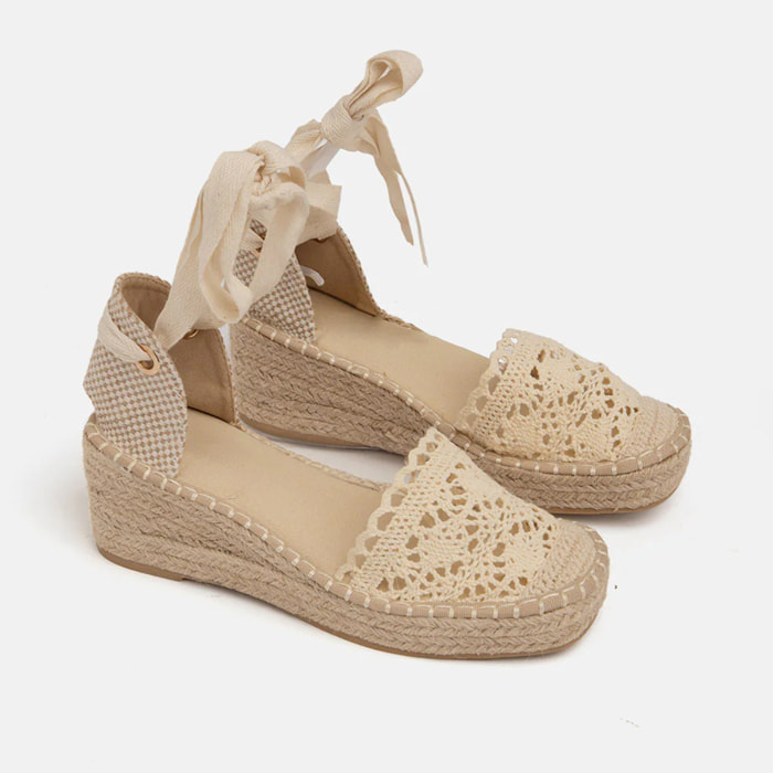 Zeppa a uncinetto con fondo in paglia - BEIGE