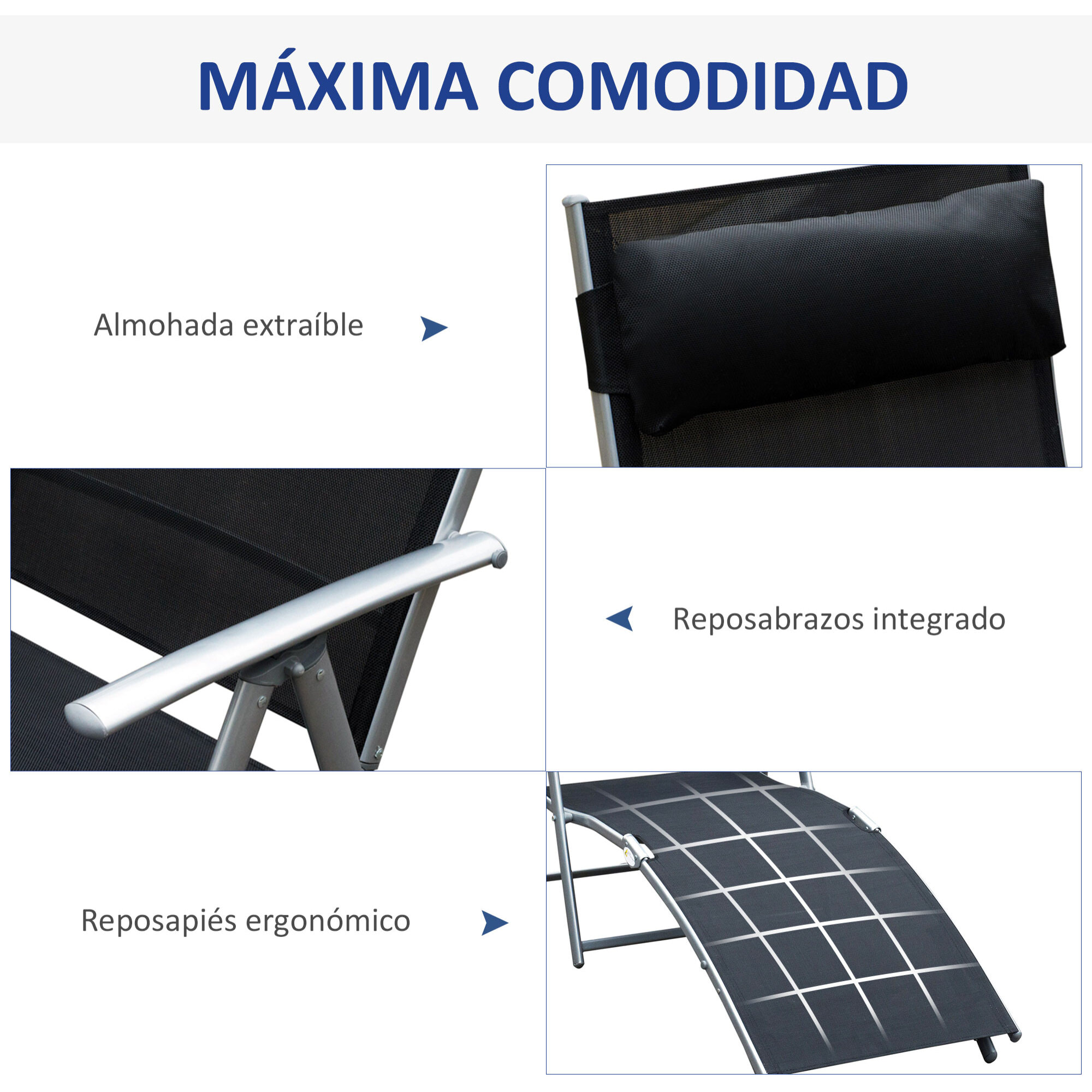 Tumbona Plegable Respaldo Ajustable a 7 Niveles Almohada Acero