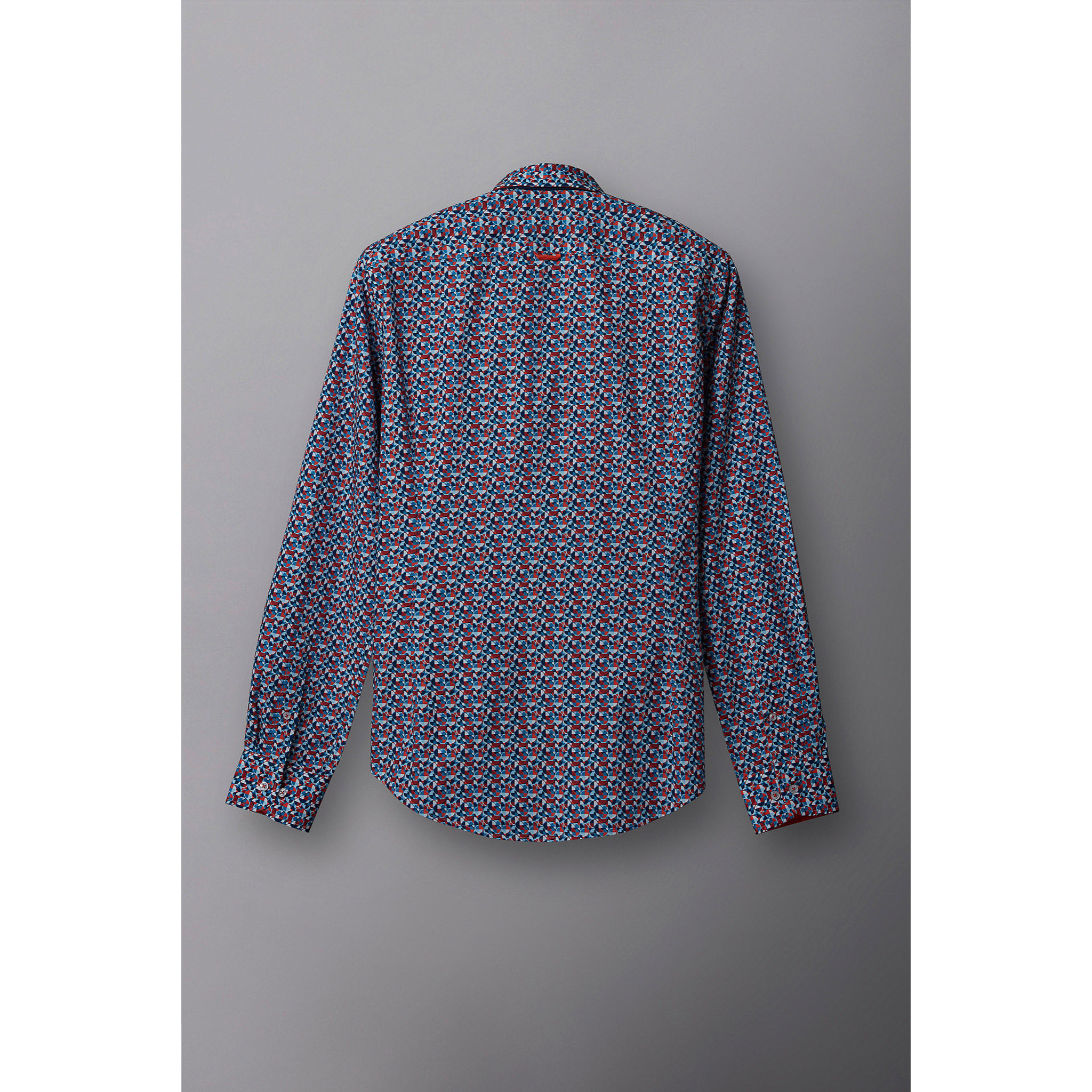 Camicia Uomo 1 Bottoni Button Down Slim Popeline Stampato Bianco/Celeste