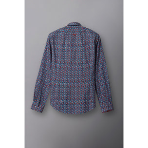 Camicia Uomo 1 Bottoni Button Down Slim Popeline Stampato Bianco/Celeste