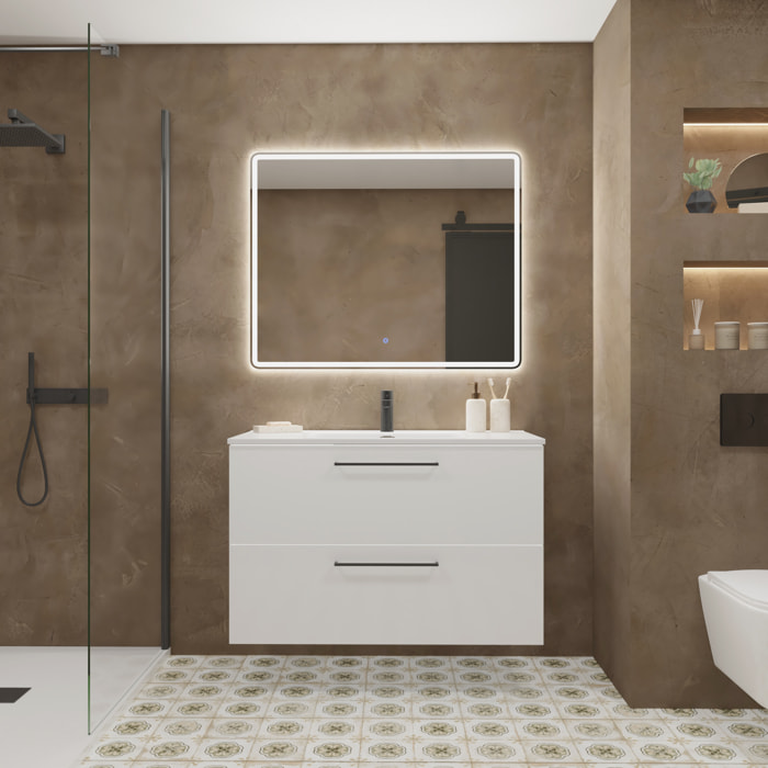 Meuble de Salle de Bain Vex | 100Cm Blanc | Deux Tiroirs | Évier Encastré | Miroir non inclus | Meubles Assemblés | Alday