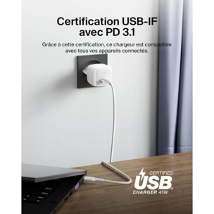 Chargeur BELKIN 45W USB charge rapide & 1M C-C blanc