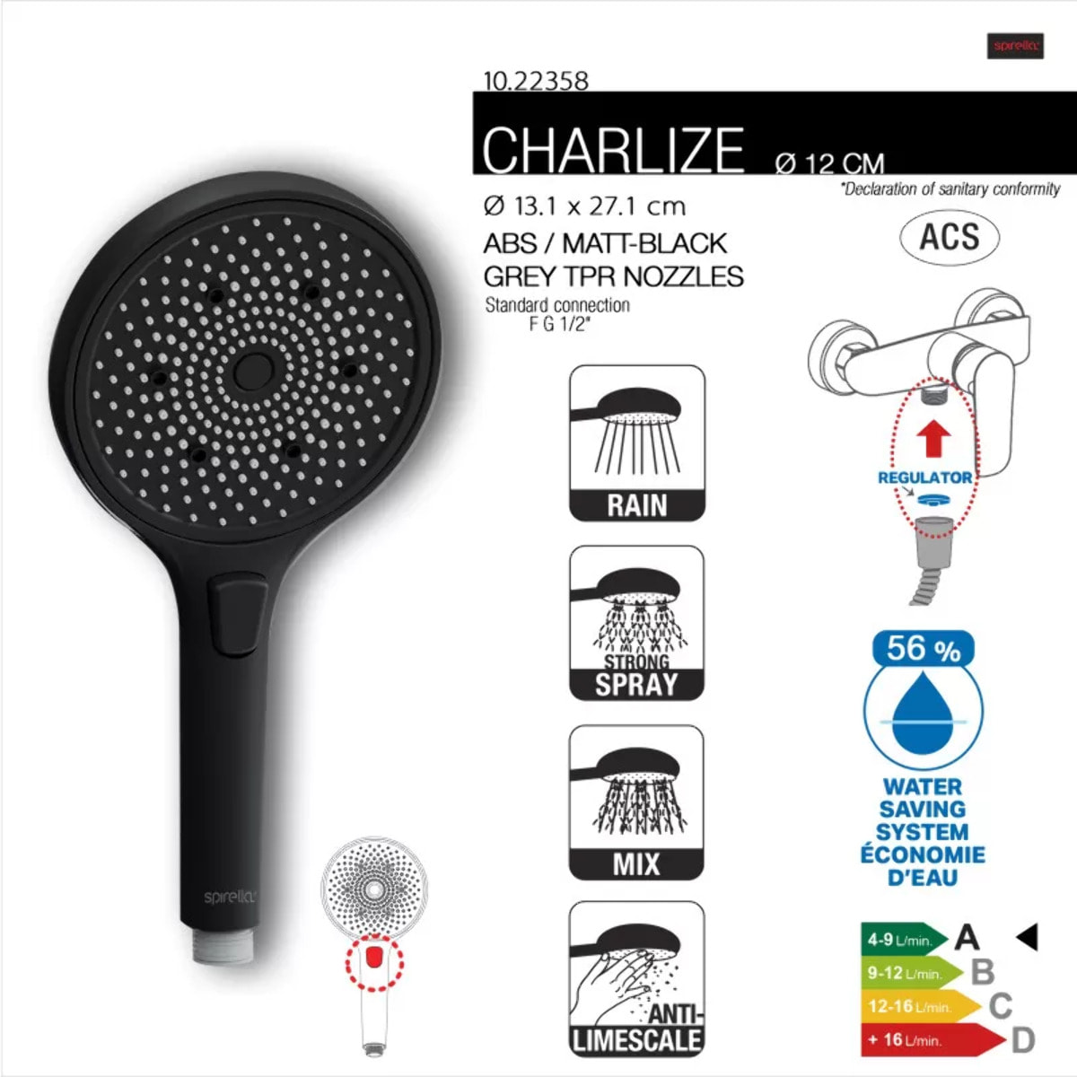 Pommeau de douche en ABS Charlize Noir Matt Spirella