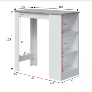 Tavolo fisso Glendale, Tavolo alto da cucina, Penisola con 3 ripiani, Bancone ausiliare, Bancone ausiliare, cm 103x50h105, Bianco e Cemento