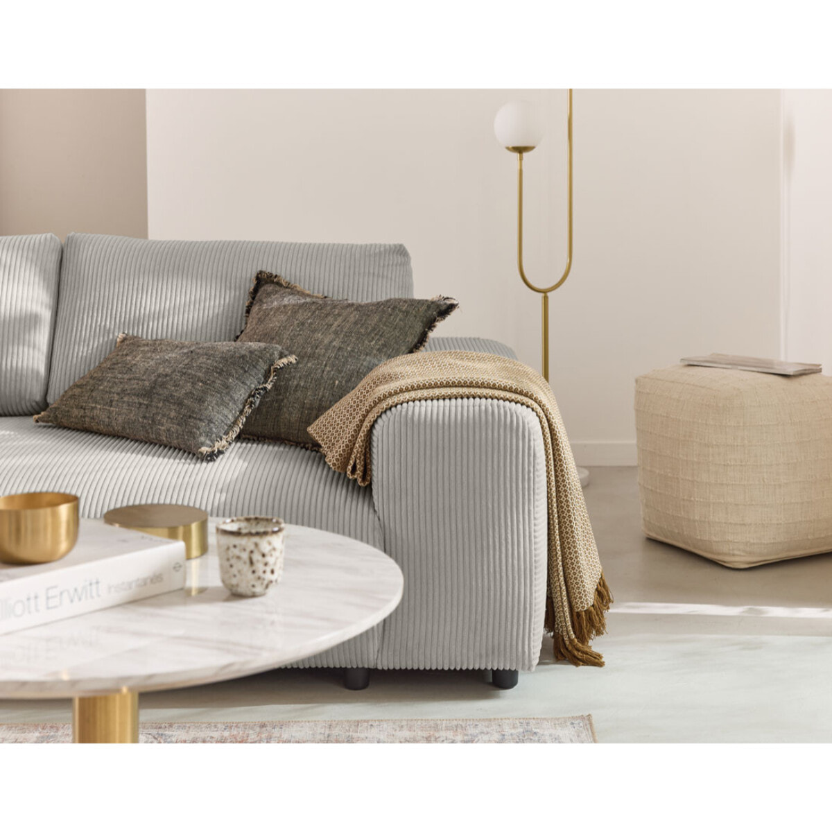 Garance - canapé droit 3 places - en velours côtelé - Gris clair