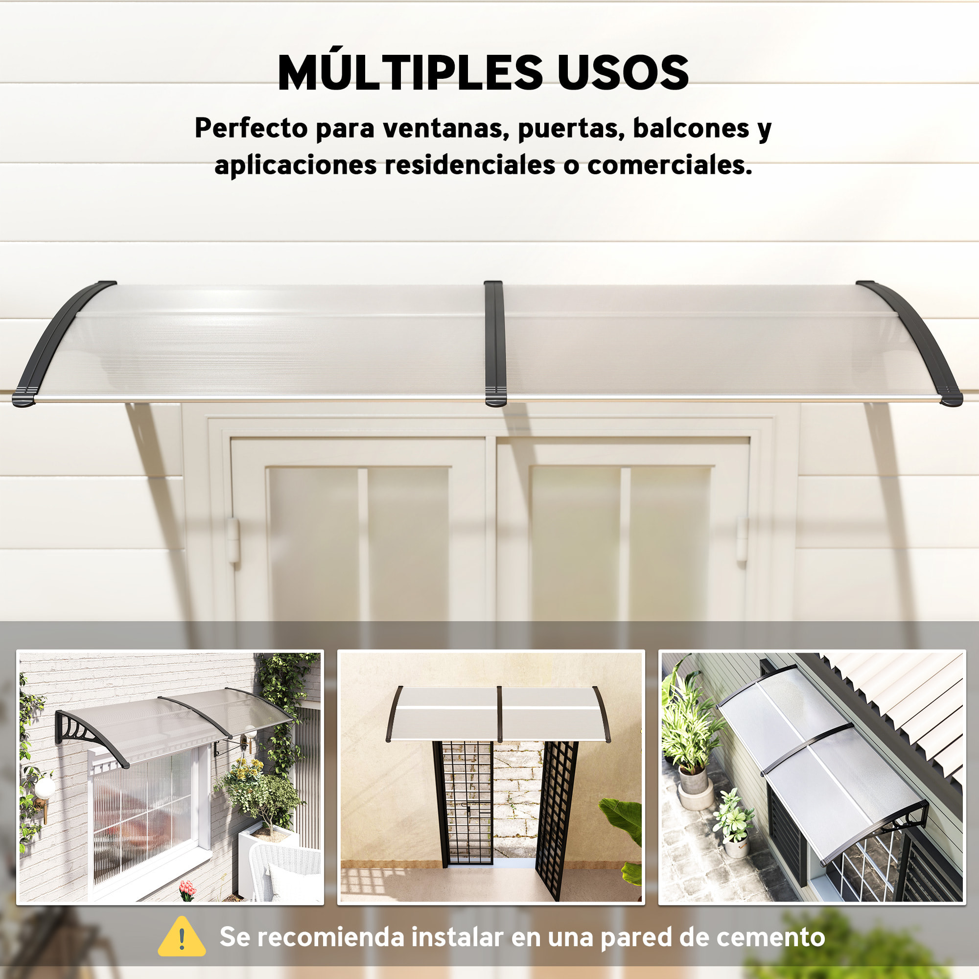 Marquesinas Exterior para Puertas y Ventanas, 195x75 cm, Tejadillo de Protección contra Sol y Lluvia, con Cubierta de Policarbonato, Soporte de Aleación de Aluminio, Blanco