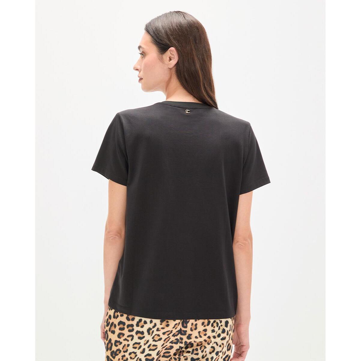 T-shirt con scollo a V con stampa animalier e strass