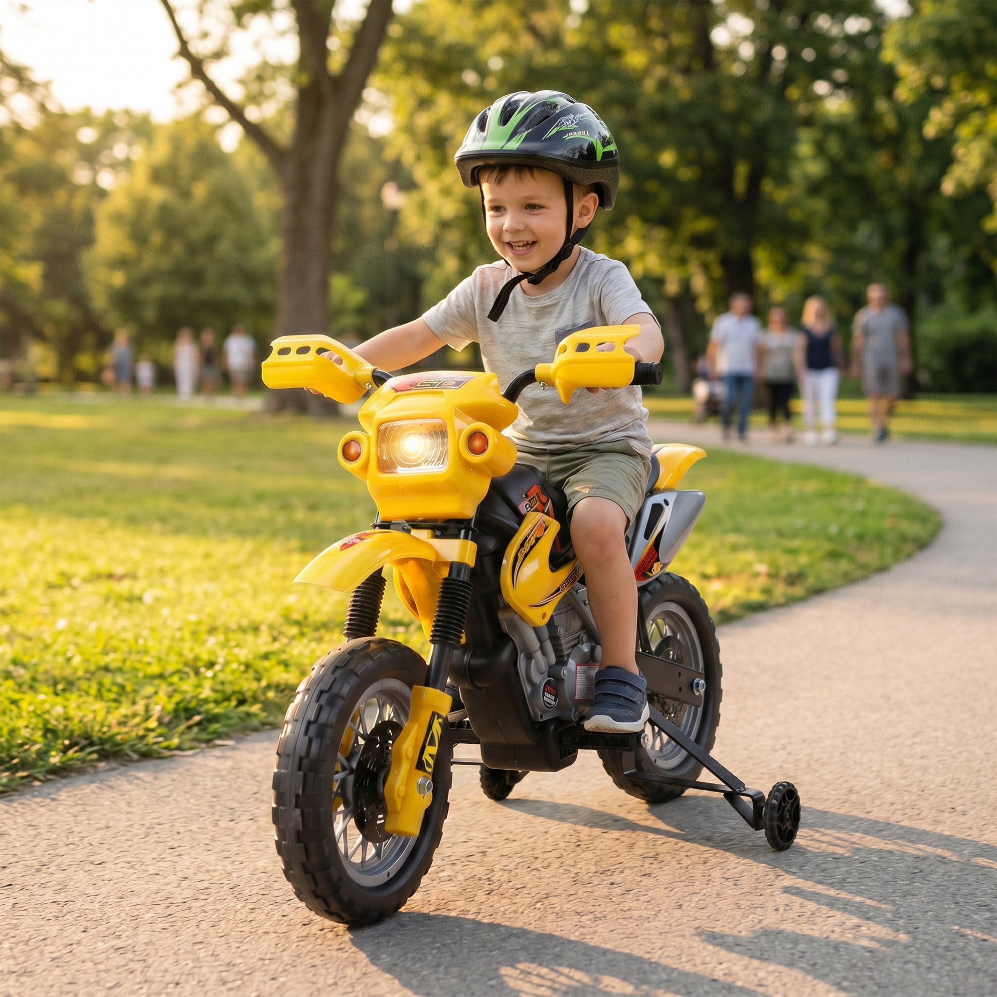 HOMCOM Moto Eléctrica para Niños, Moto Eléctrica Infantil con Ruedas de Apoyo Desmontables, Faros, Música, Regalo para Niños 3-6 Años, Amarillo