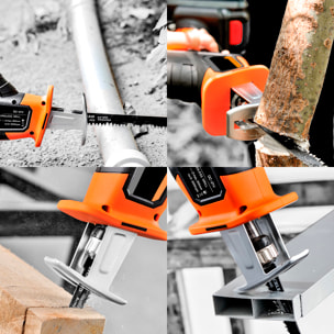 Sierra de sable eléctrica inalámbrica con 3000 rpm y batería de 21V. Con 6 hojas de distintos tamaños para diferentes cortes.