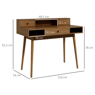 Bureau ordinateur table informatique design vintage avec rangements 3 tiroirs 3 niches pieds en bois massif de pin 110 x 54 x 91,5 cm aspect noyer