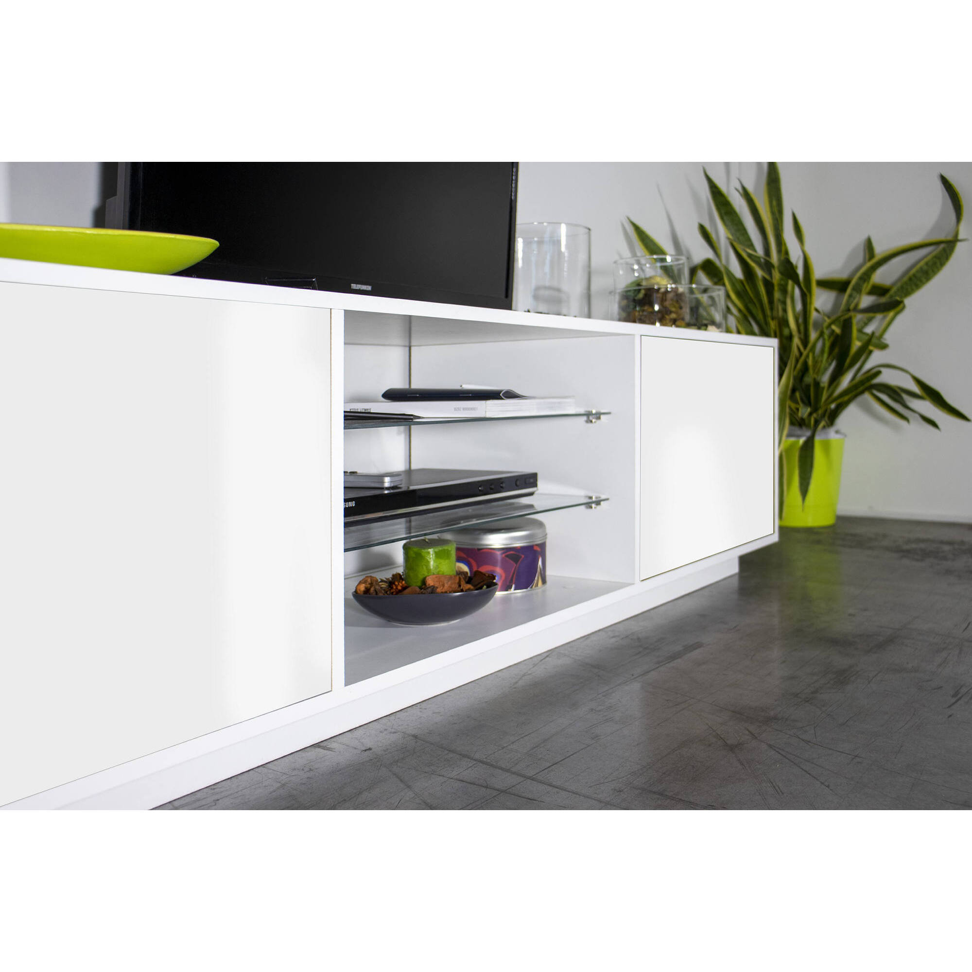 Mobile porta TV Paride, Credenza bassa da soggiorno a 2 ante, Base porta TV, 100% Made in Italy, cm 180x41h46, Bianco lucido