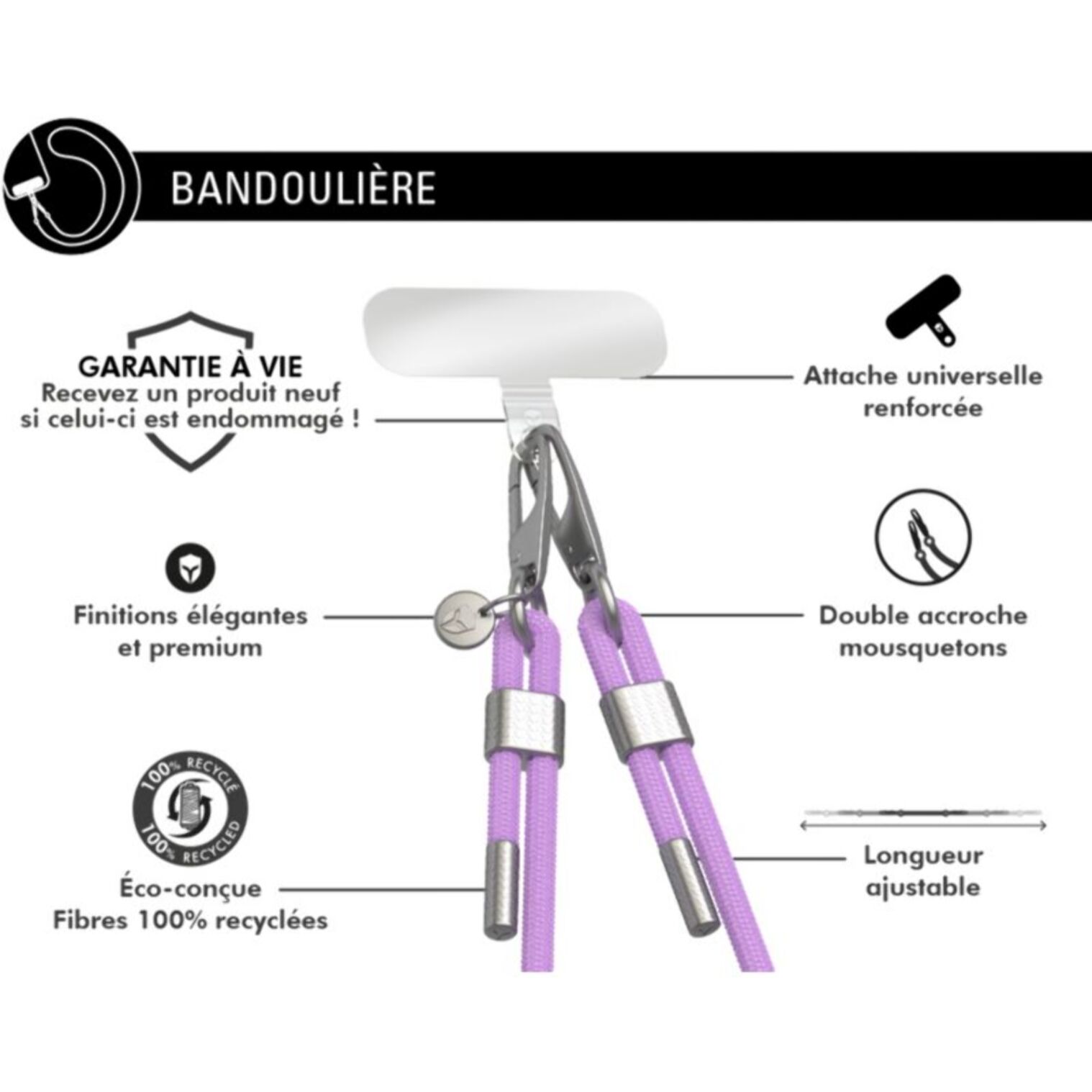 Bandoulière FORCE CASE Cordon violet détails Silver