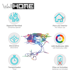 guirnalda con 80 luces led multicolor con temporizador y cable transparente