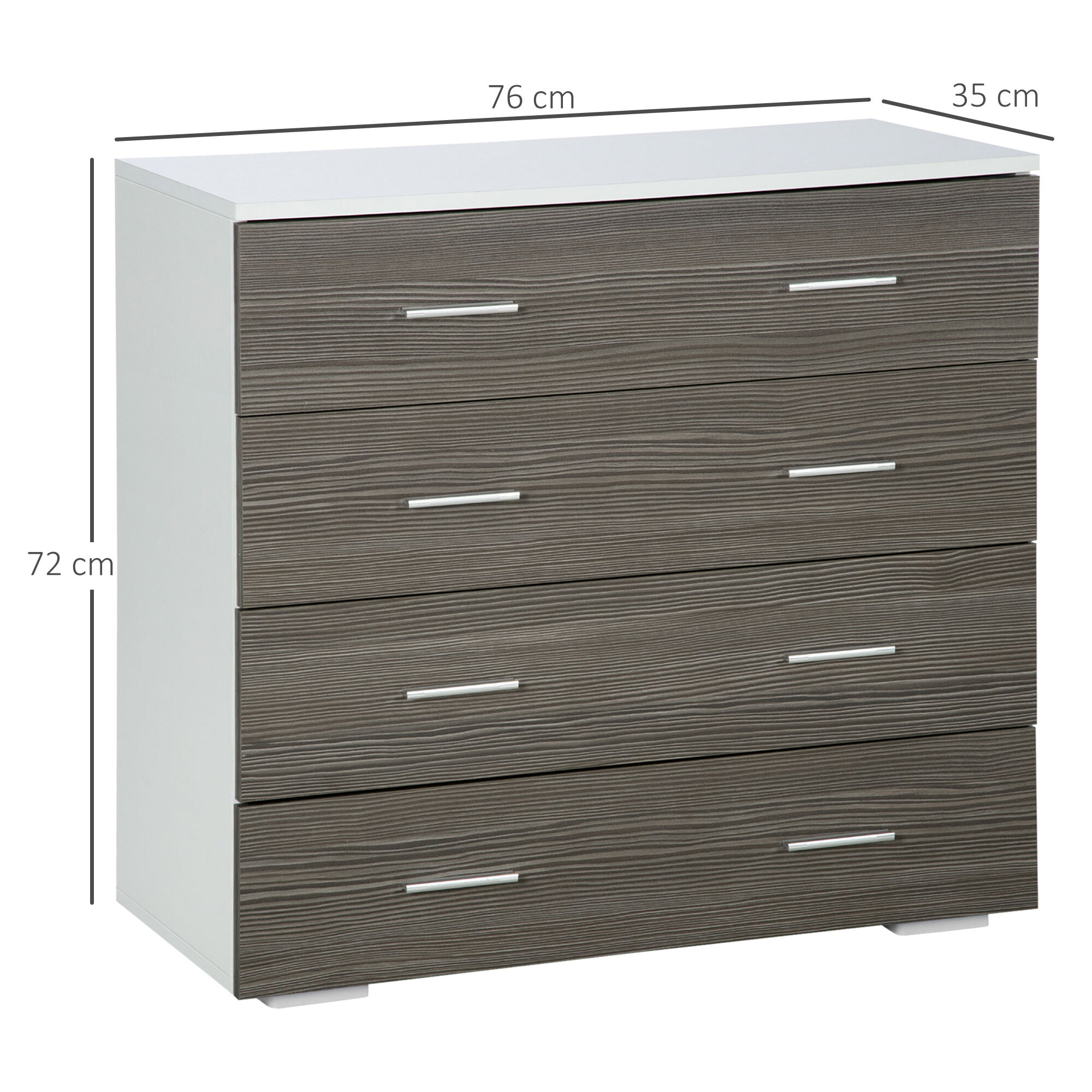 Cómoda 4 Cajones, Cómoda Dormitorio, Cajonera para Salón, Oficina, Pasillo, Estilo Moderno, 76x35x72 cm, Gris Veteado y Blanco