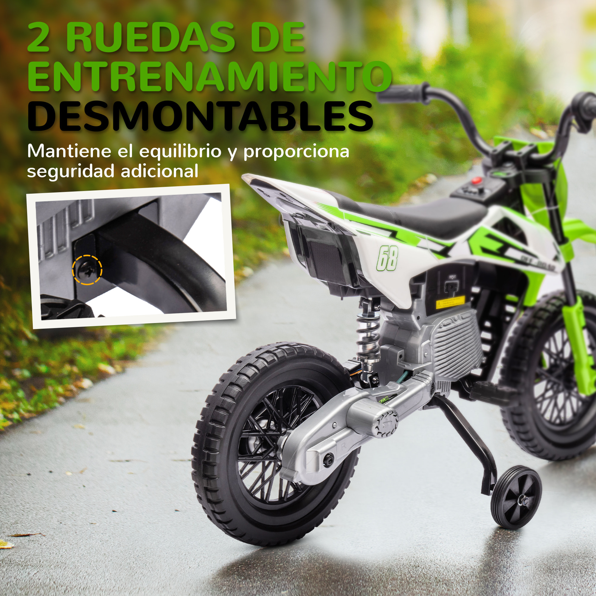 Moto Eléctrica para Niños de +3 Años, Moto Eléctrica Infantil con Batería 12V, Música, Velocidad 2,4-5 km/h y Ruedas Auxiliares Desmontables, Carga 30 kg, Verde