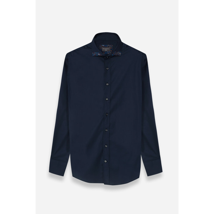 Camicia Uomo 1 Bottone Francese Contrasto sul Collo Popeline Stretch Unito Blu