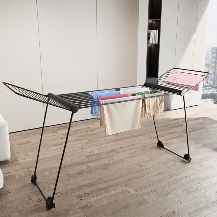 Stendibiancheria Estensibile Fino a 2 Metri Griglia Telescopica 30 M di Stenditura Stendino Grande Con Ruote Richiudibile 218-300 x 55 x 126 cm Nero