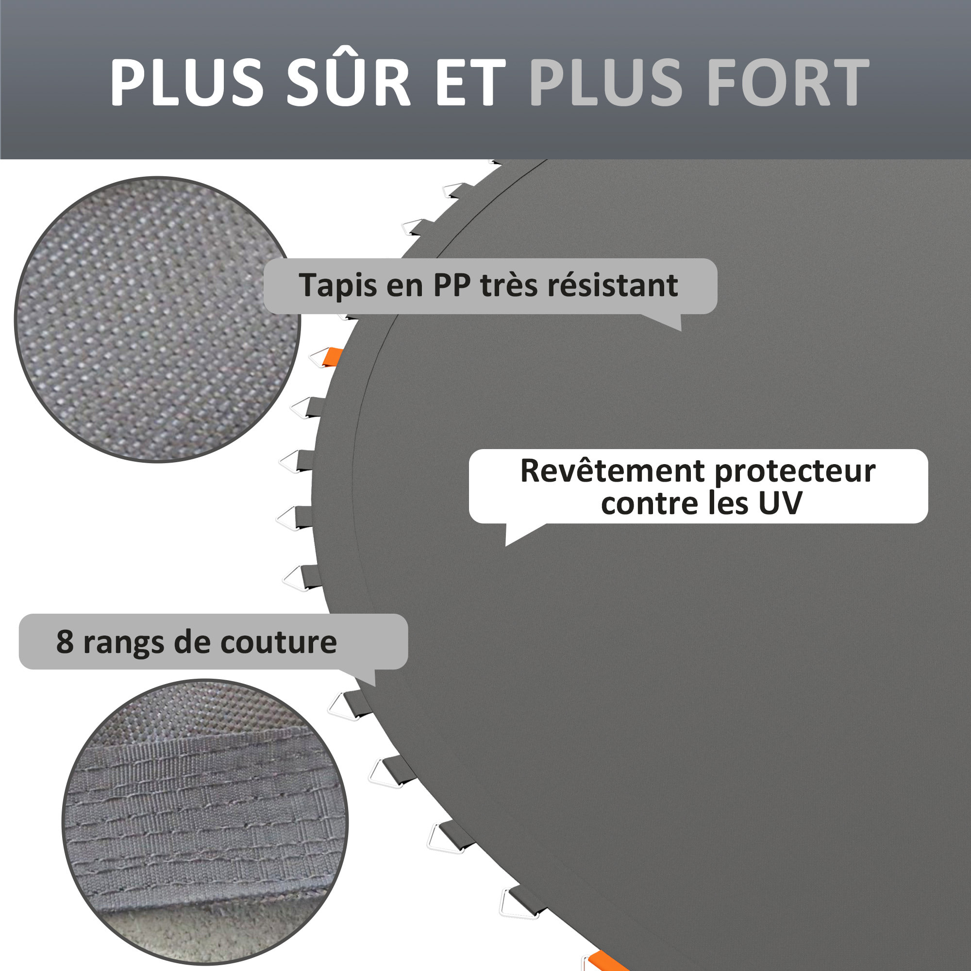 Tapis de rechange trampoline Ø 3,7 m ressorts 14 cm outil 72 crochets en V inclus blanc noir
