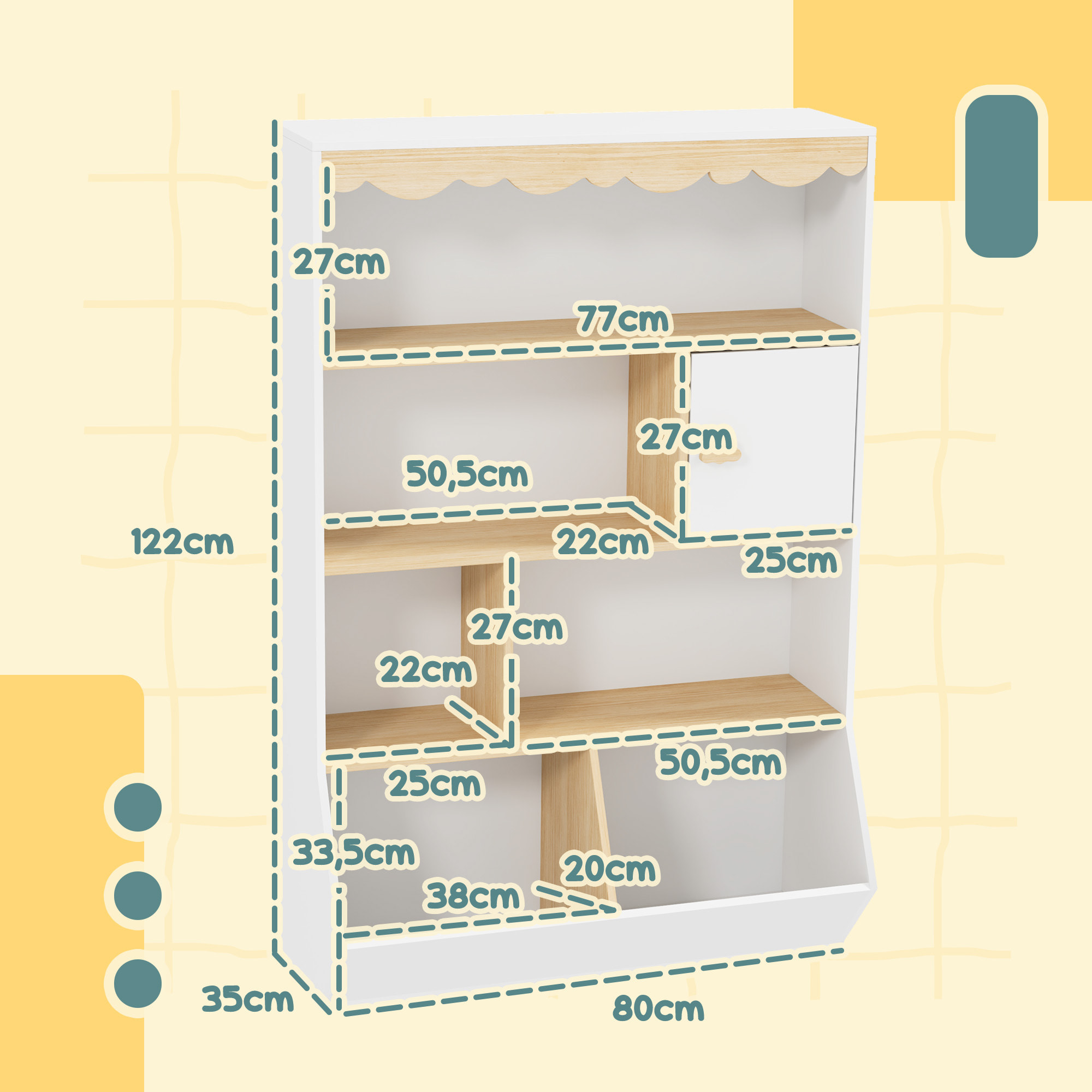 Bibliothèque enfant design nuage - 6 niches et porte - blanc aspect bois