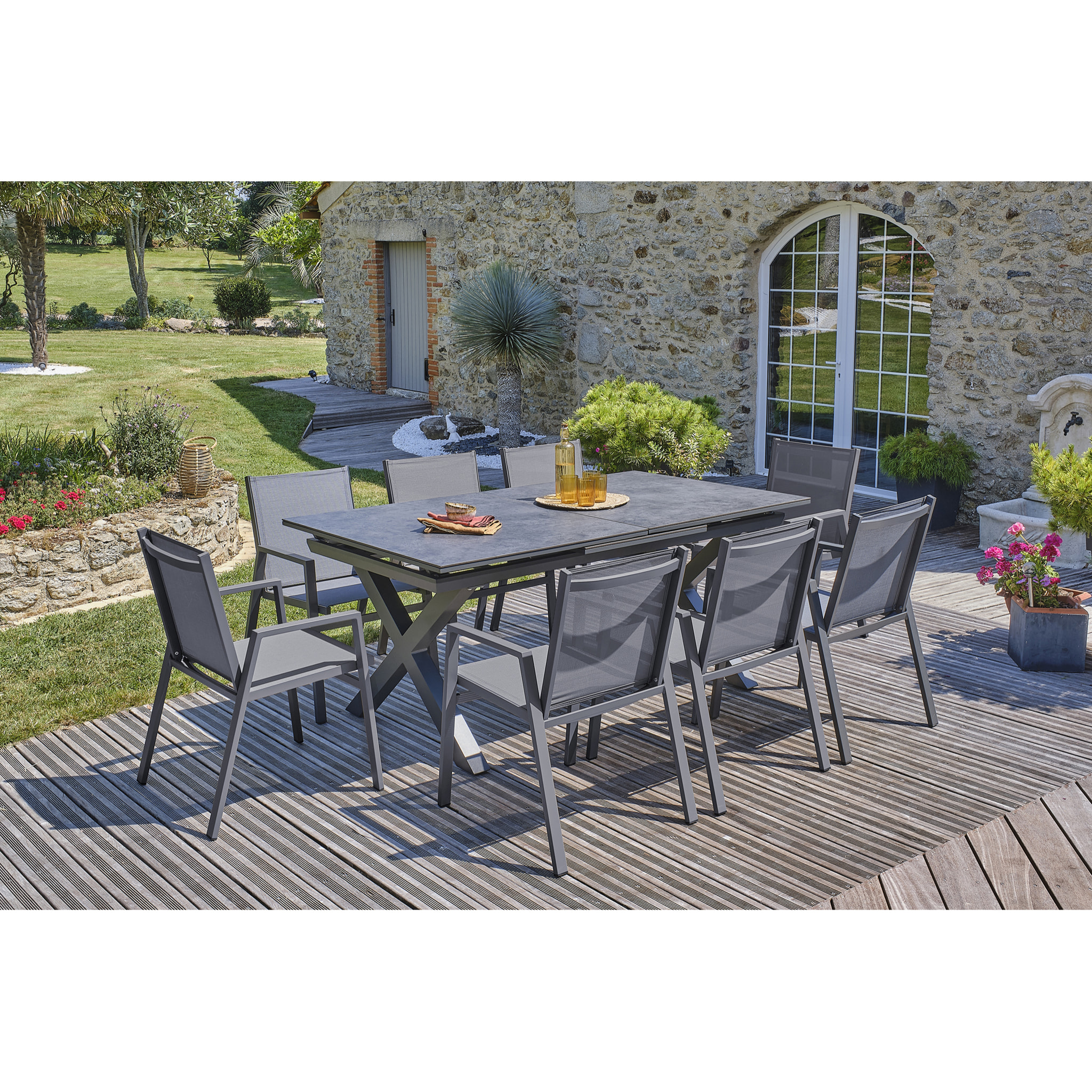 FLORIDE - Ensemble repas de jardin 8 places en aluminium gris anthracite