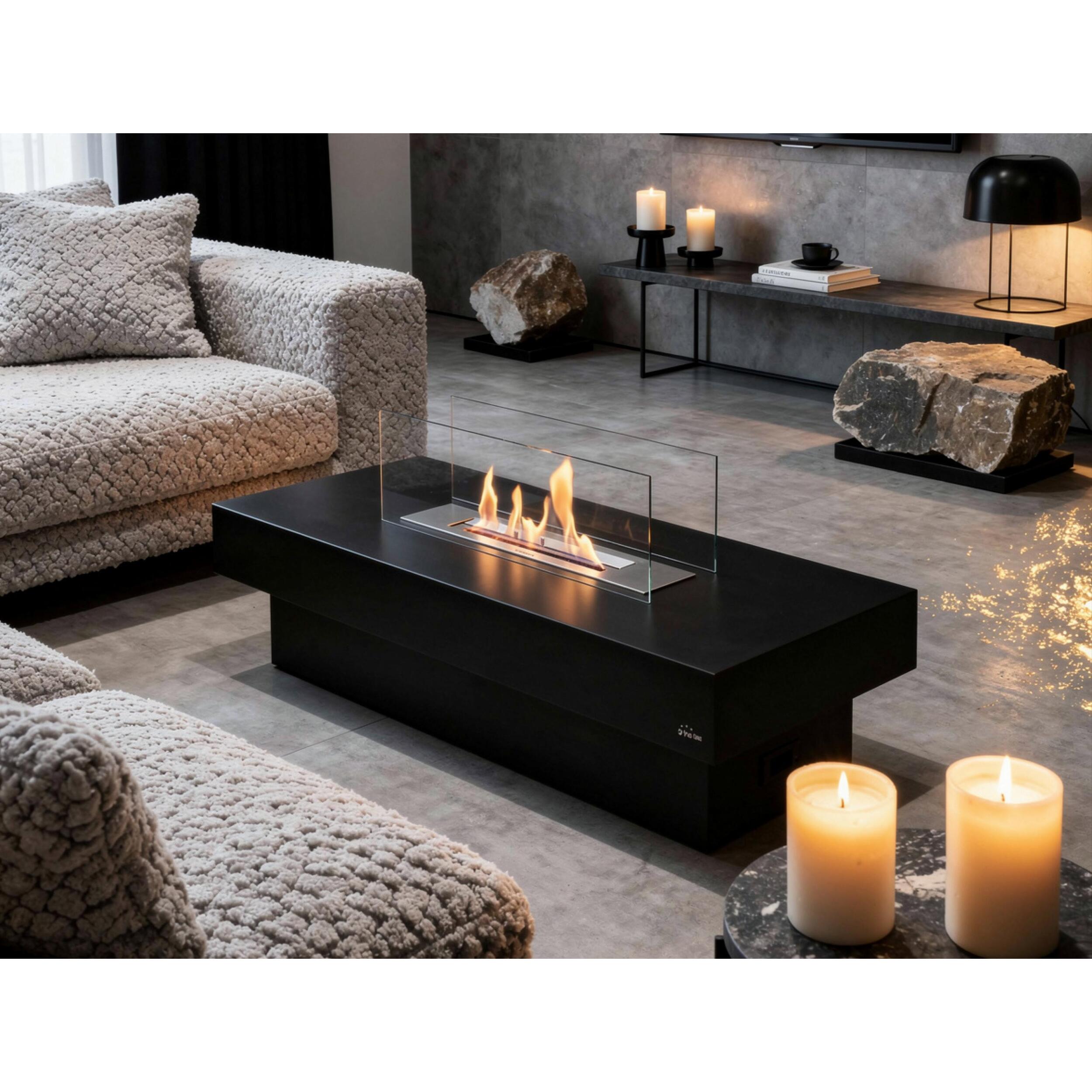 Chimenea de etanol de suelo en acero negro y quemador central NOTOS PURLINE