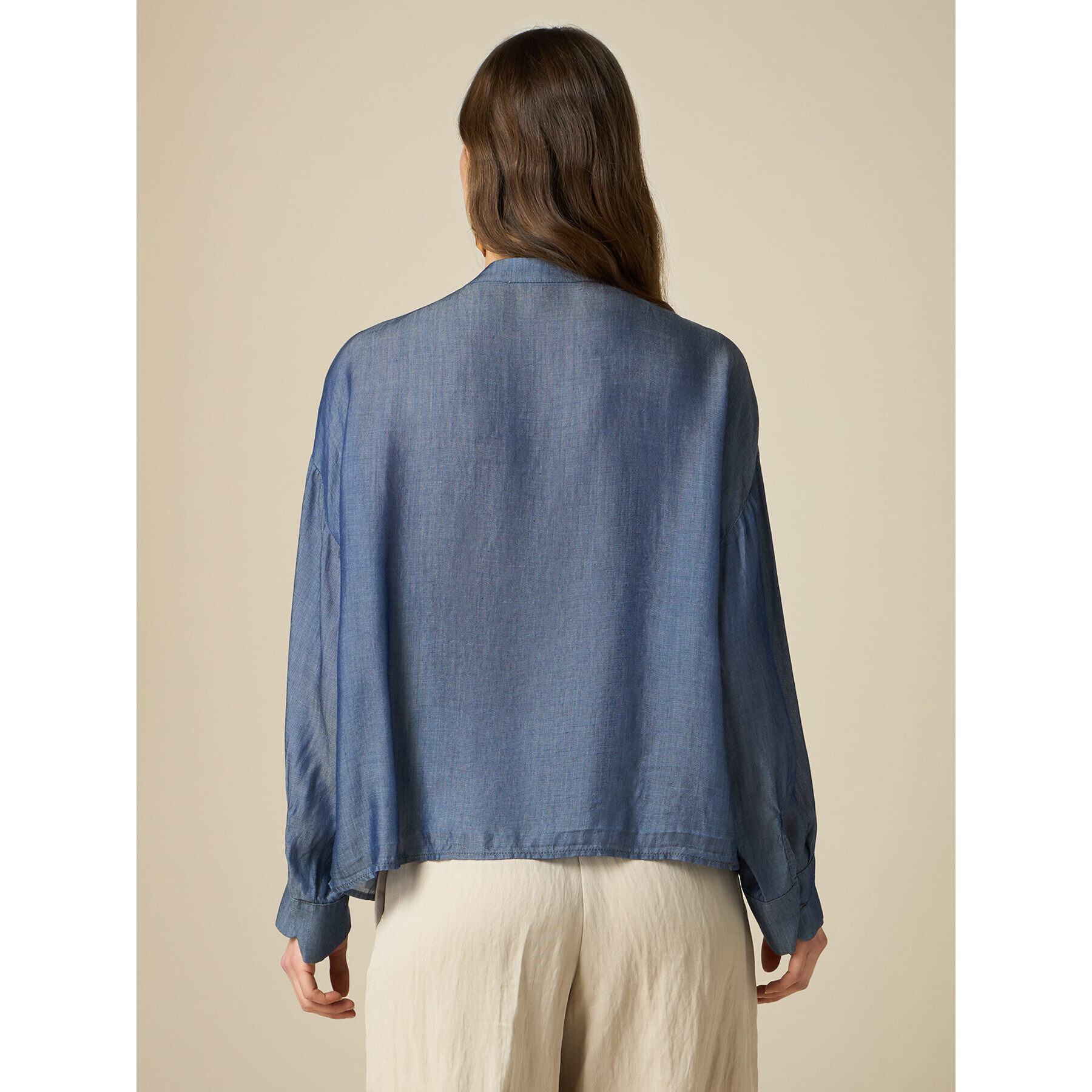 Oltre - Camicia in chambray con volant - Blu