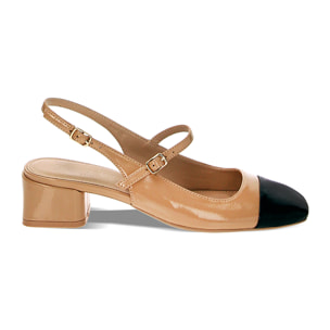 Décolleté slingback beige-nere in naplack, tacco 5 cm