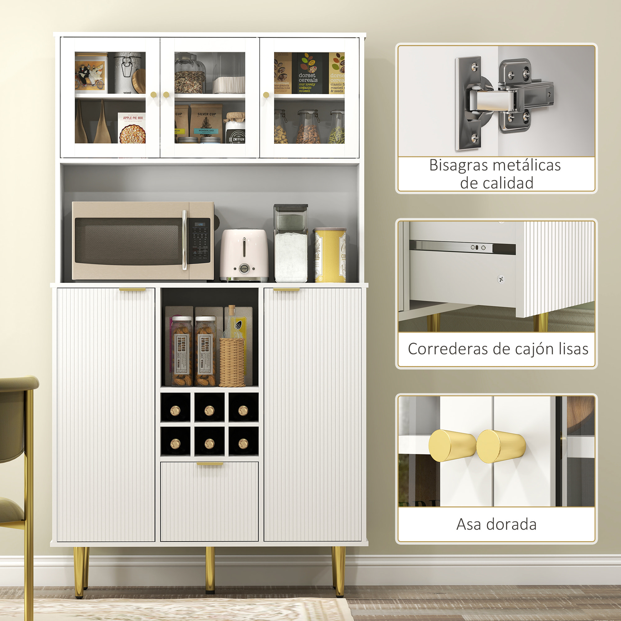 Alacena de Cocina Mueble Auxiliar de Cocina Aparador Alto con 3 Puertas de Vidrio Botellero Cajón Estantes Ajustables y Compartimentos Abiertos 100x40x180 cm Blanco