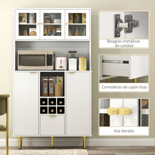 Alacena de Cocina Mueble Auxiliar de Cocina Aparador Alto con 3 Puertas de Vidrio Botellero Cajón Estantes Ajustables y Compartimentos Abiertos 100x40x180 cm Blanco