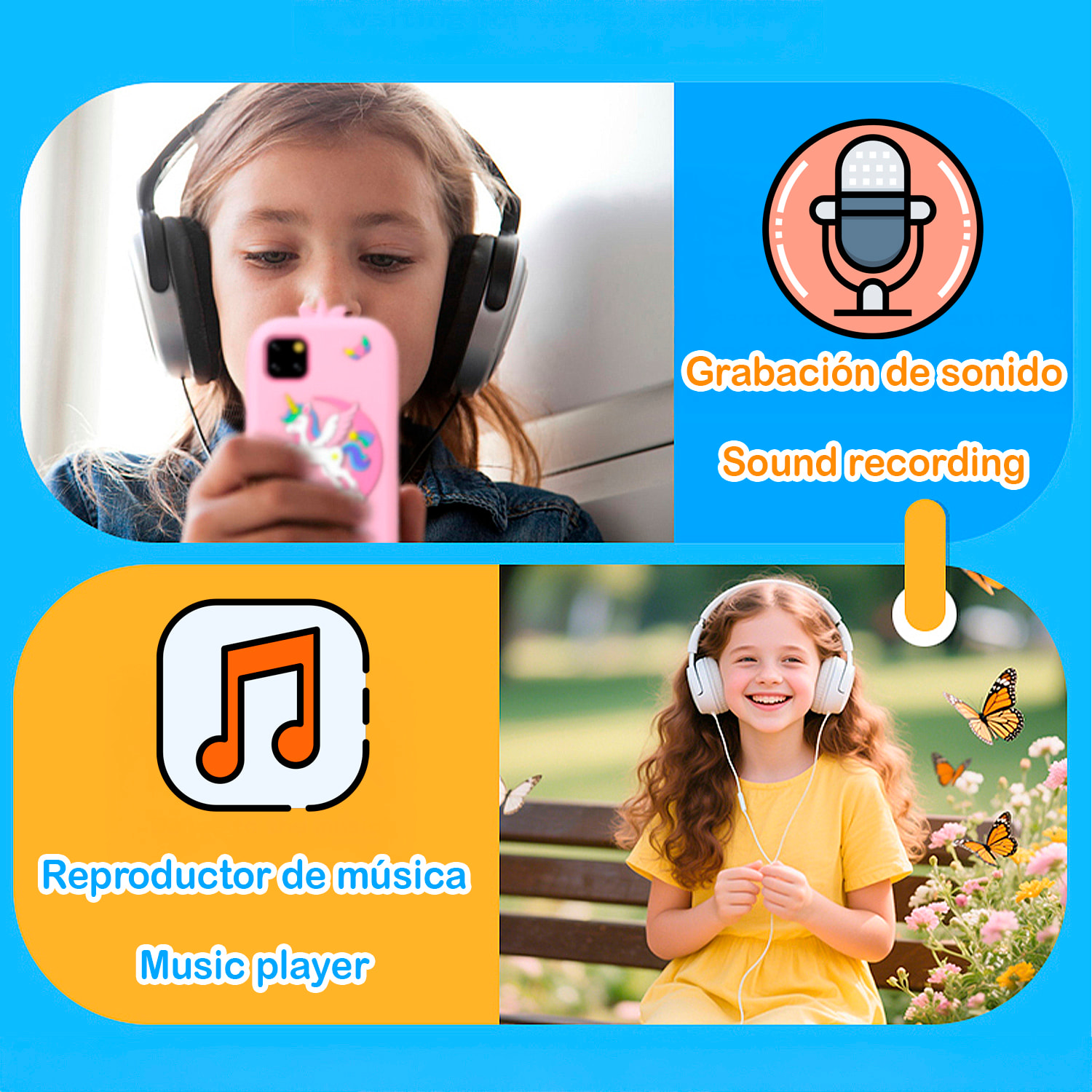 Teléfono infantil con 18 juegos y aprendizaje en inglés, con cámara dual y grabación de video. Pantalla táctil de 2,8". Sin posibilidad de SIM o llamadas. Funda de silicona de dinosaurio.